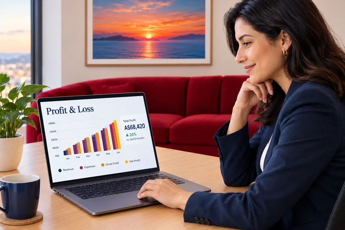 Business owner smiling as she reviews her profit and loss results on a laptop