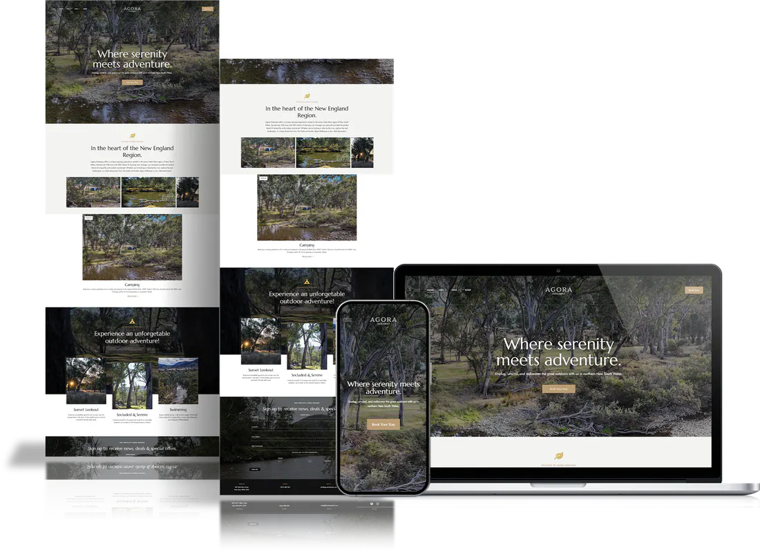 Agora Hideaway website shown on desktop, tablet and phone