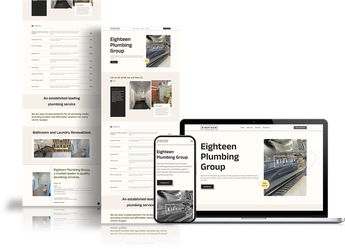 Eighteen Plumbing Group website shown on desktop, tablet and phone