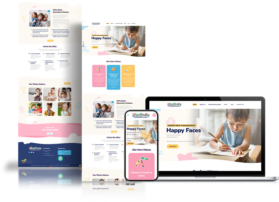 Happy Faces Early Education and Care website shown on desktop, tablet and phone